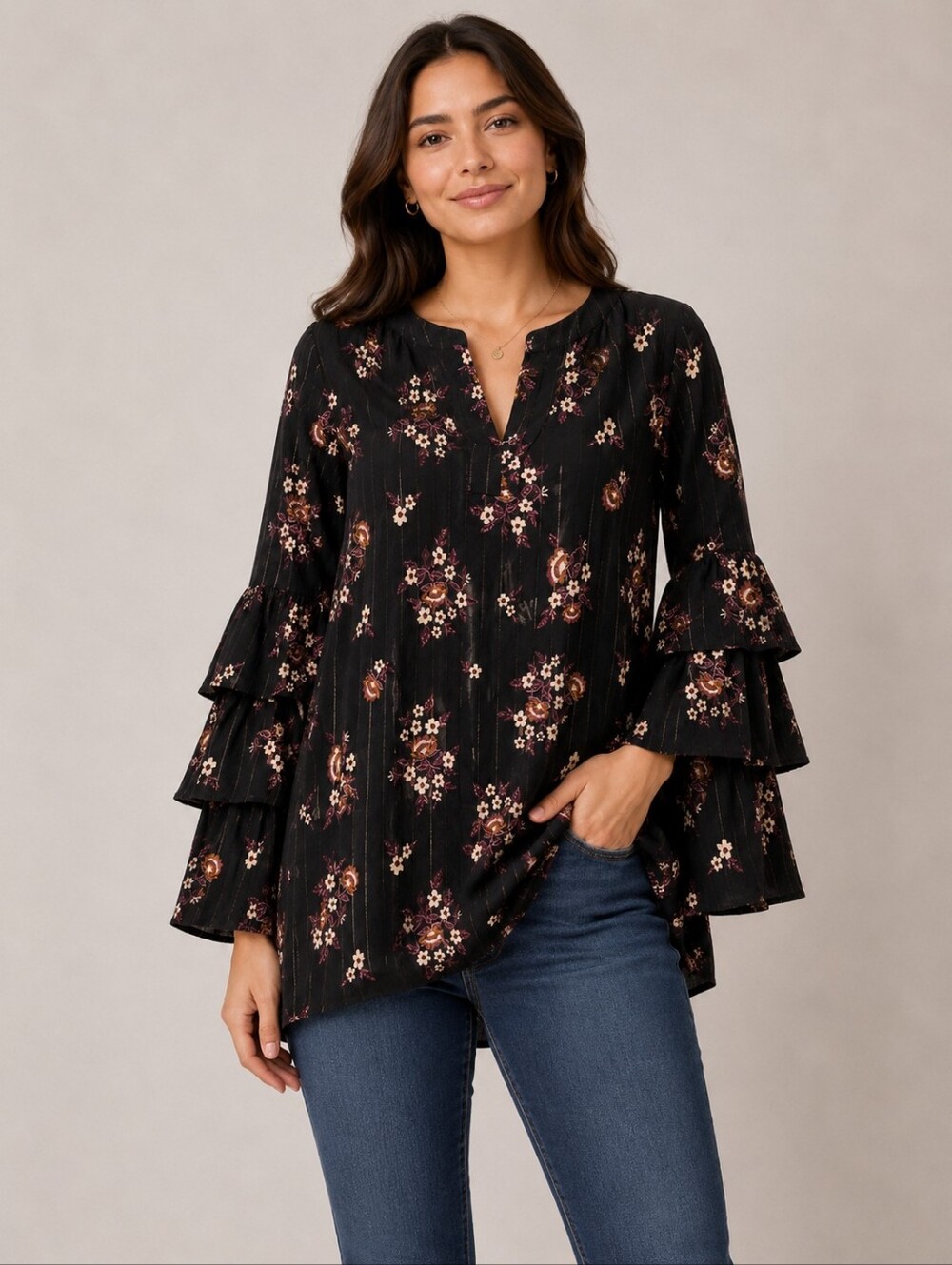 Xhilaration XS Black Floral Gold Stripe Tiered Bell Sleeve Boho Tunic Top